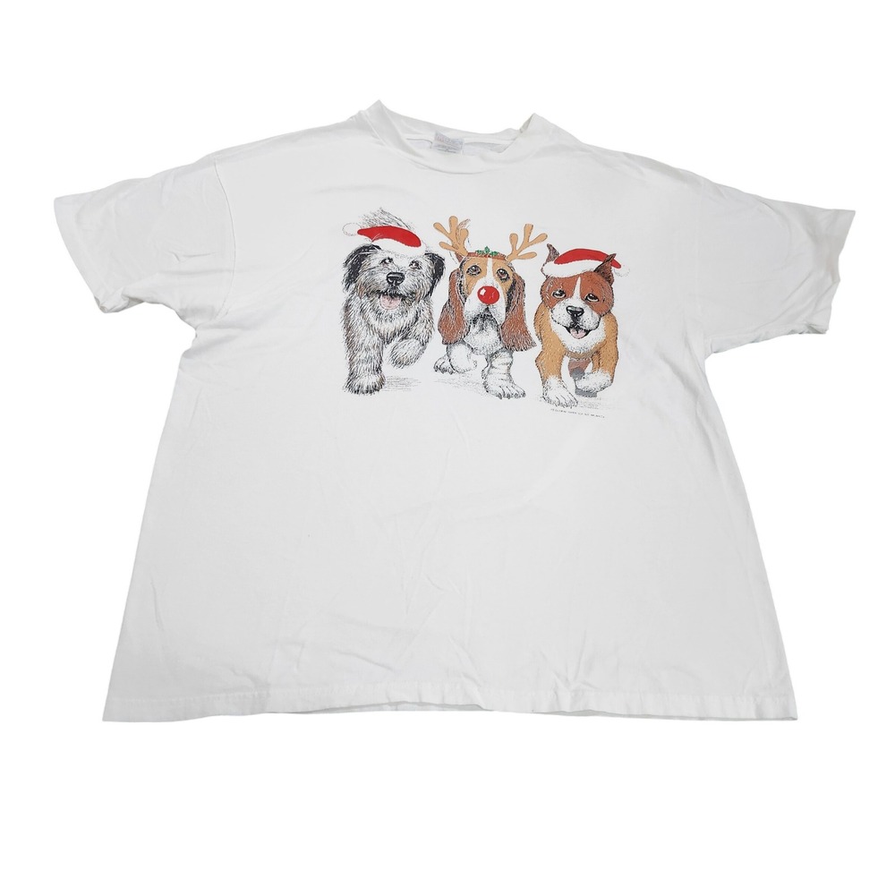 Vintage 90s Hanes Beefy T Christmas Dogs XL Double Sided Graphic T Shirt